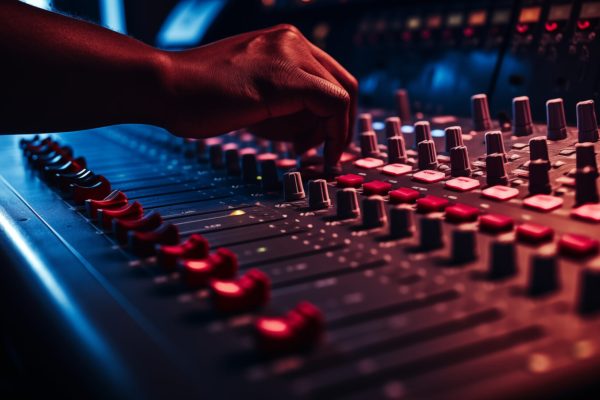 sound engineer used digital audio mixer sliders engineer presses key control panel recording studio technician, dj mixing music