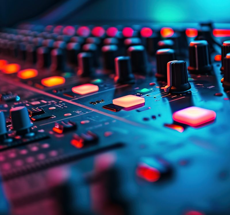 colorful music audio mixing board in closeup of a recording, audio track background in a dark recording,  industrial machinery aesthetics, multimedia, selective focus, brightly colored