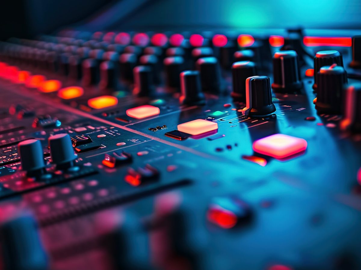 colorful music audio mixing board in closeup of a recording, audio track background in a dark recording,  industrial machinery aesthetics, multimedia, selective focus, brightly colored